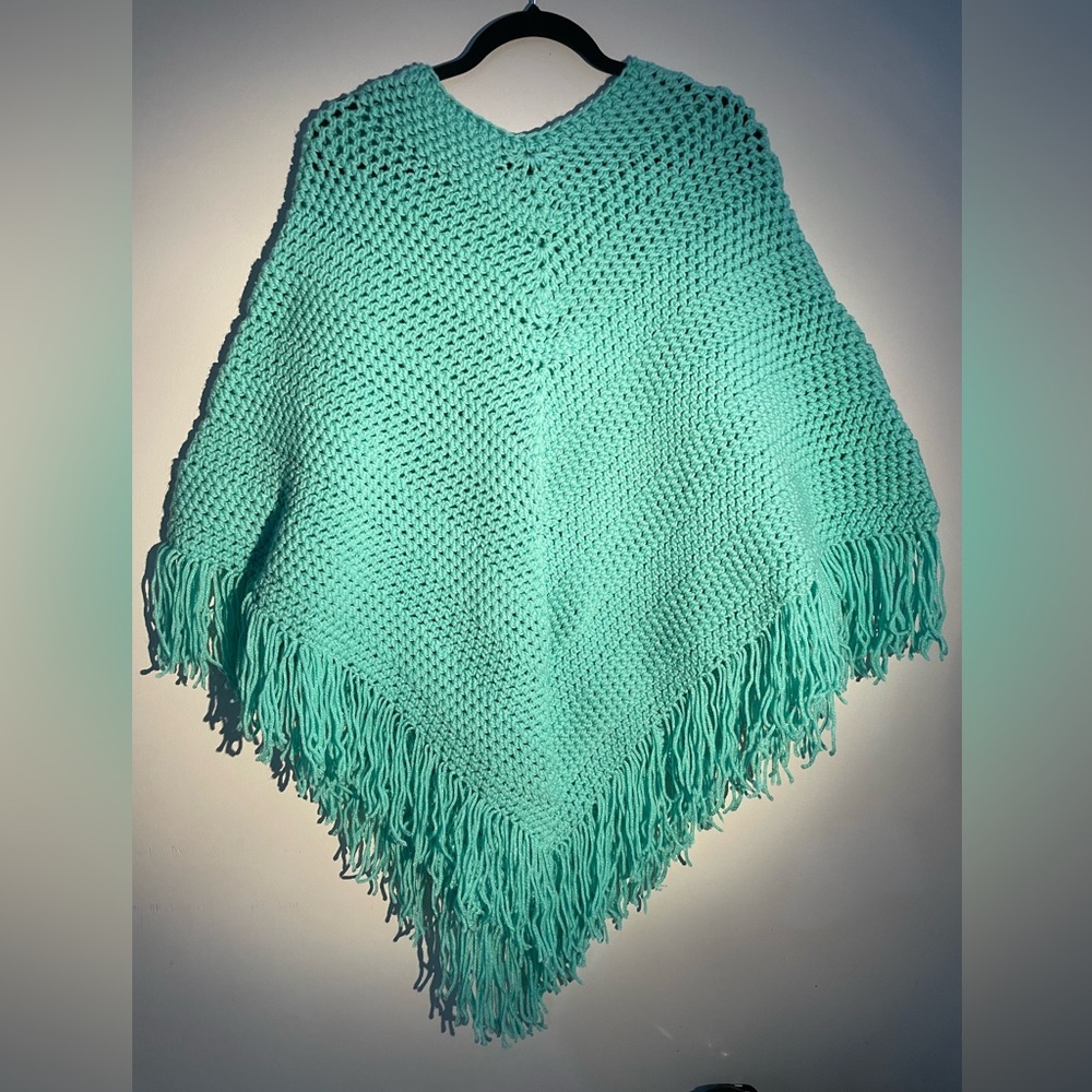 Turquoise Crochet Poncho with Fringe